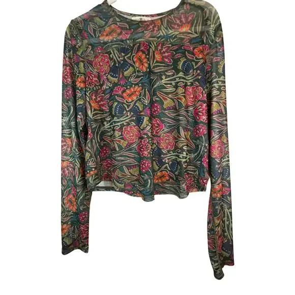 Natural Life Sloane Mesh Top Green Painterly Vines Long Sleeve Sheer XL - Picture 2 of 4